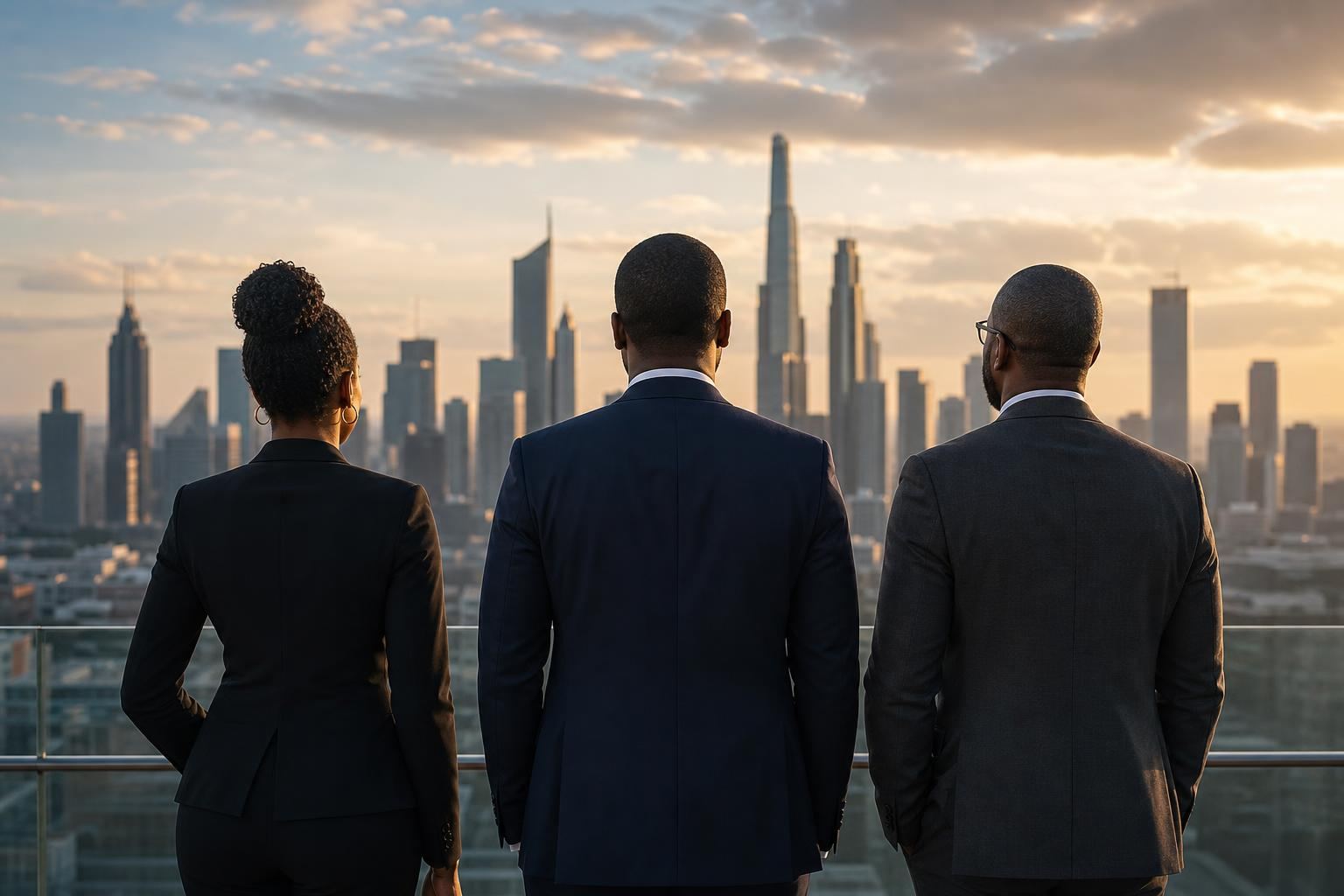 Professionnels regardant une skyline urbaine